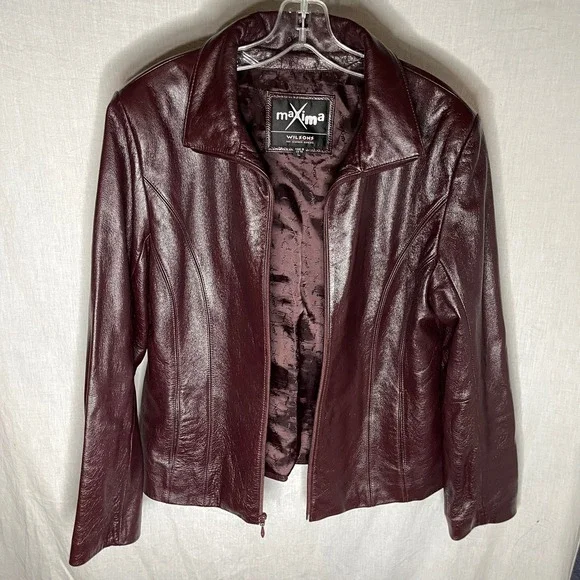 Wilsons Maxima Leather Jacket Womens Large Burgundy Zip Front Collared Coat L - Picture 1 of 11